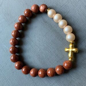 {Handmade} Brown Beaded Bracelet with Faux Pearls and Golden Cross